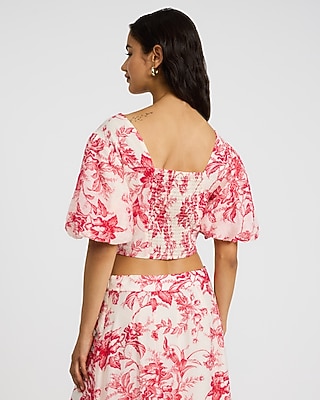 Textured Floral Puff Sleeve Twist Front Crop Top