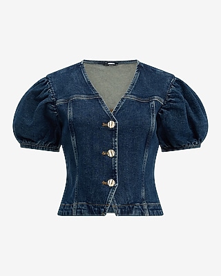 Denim V-Neck Puff Sleeve Button Front Top