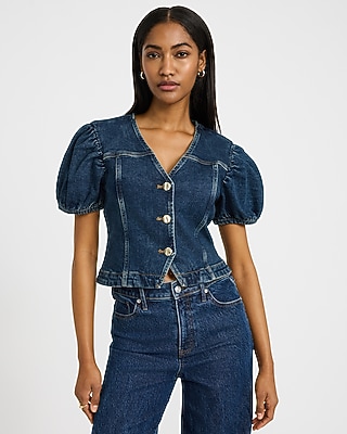 Denim V-Neck Puff Sleeve Button Front Top