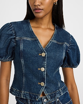 Denim V-Neck Puff Sleeve Button Front Top