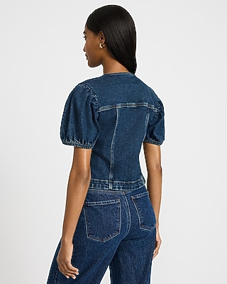 Denim V-Neck Puff Sleeve Button Front Top