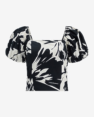 Cotton Poplin Printed Square Neck Puff Sleeve Smocked Back Top