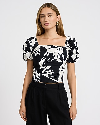 Cotton Poplin Printed Square Neck Puff Sleeve Smocked Back Top