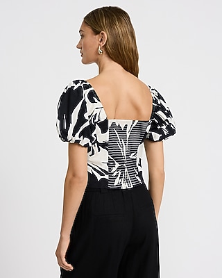Cotton Poplin Printed Square Neck Puff Sleeve Smocked Back Top