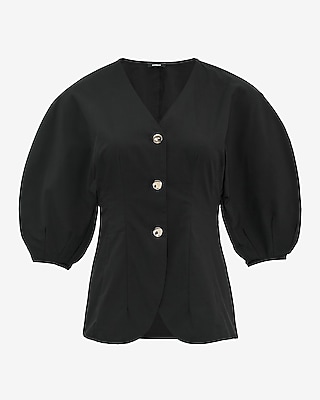 V-Neck Puff Sleeve Novelty Button Front Cutaway Top