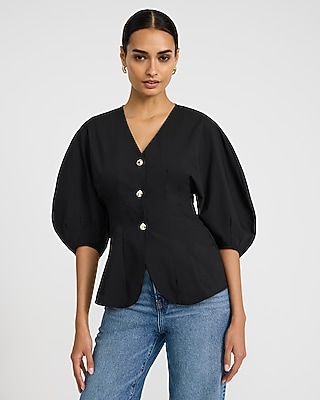 V-Neck Puff Sleeve Novelty Button Front Cutaway Top