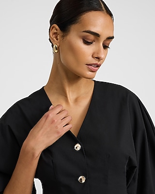 V-Neck Puff Sleeve Novelty Button Front Cutaway Top