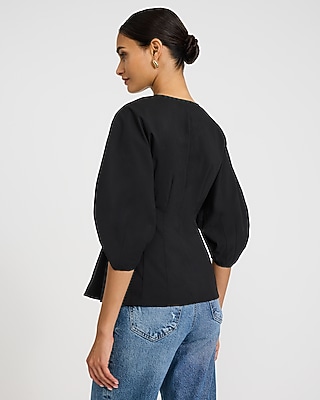 V-Neck Puff Sleeve Novelty Button Front Cutaway Top