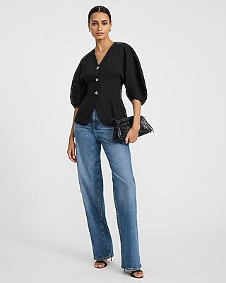 V-Neck Puff Sleeve Novelty Button Front Cutaway Top