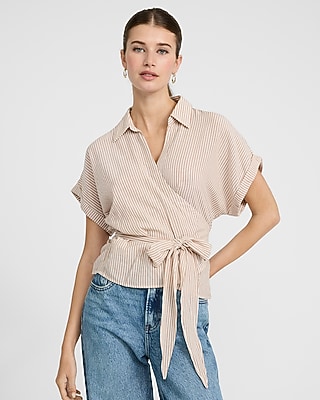 Striped Short Sleeve Tie Waist Wrap Top