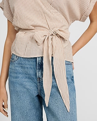 Striped Short Sleeve Tie Waist Wrap Top