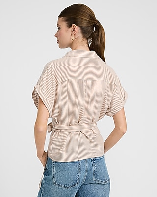 Striped Short Sleeve Tie Waist Wrap Top