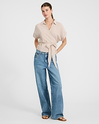 Striped Short Sleeve Tie Waist Wrap Top