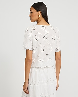 Cotton Eyelet Crew Neck Short Sleeve Top