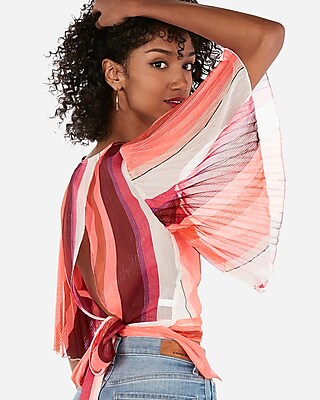 pleated kimono sleeve surplice wrap blouse