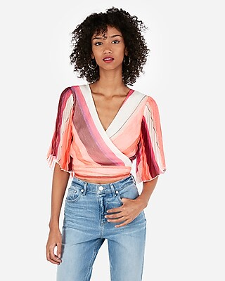 pleated kimono sleeve surplice wrap blouse