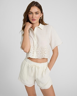 Eyelet Scalloped Hem Short Sleeve Cropped Shirt