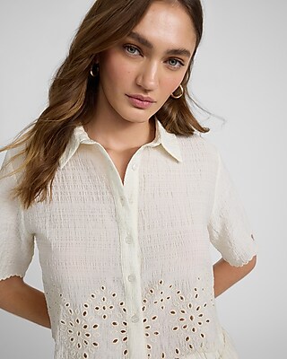 Eyelet Scalloped Hem Short Sleeve Cropped Shirt