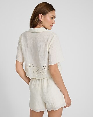 Eyelet Scalloped Hem Short Sleeve Cropped Shirt