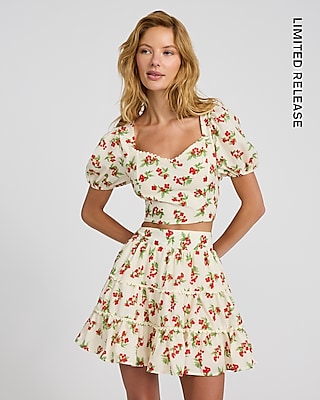Cherry Print Puff Sleeve Cropped Top