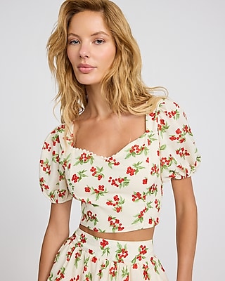 Cherry Print Puff Sleeve Cropped Top