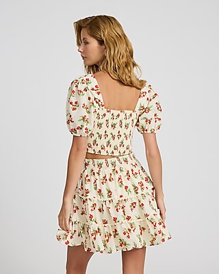 Cherry Print Puff Sleeve Cropped Top