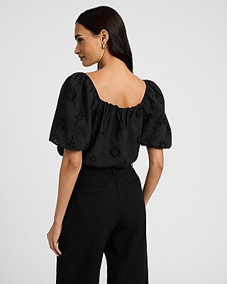 Poplin Eyelet Puff Sleeve Cropped Bubble Top