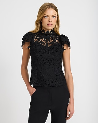 Lace Mock Neck Short Sleeve Top | Express