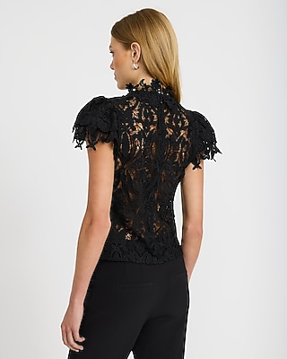 Lace Mock Neck Short Sleeve Top | Express