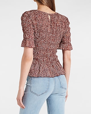 Printed All-Over Smocked Ruffle Hem Top