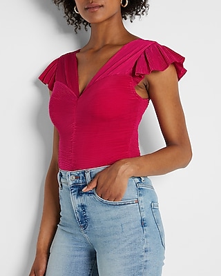 Pleated Flutter Sleeve Cropped Top