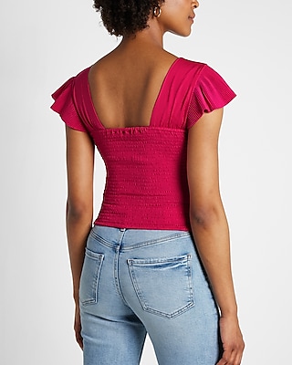 Pleated Flutter Sleeve Cropped Top