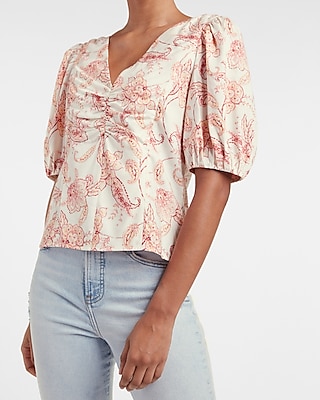 paisley ruched front v-neck top