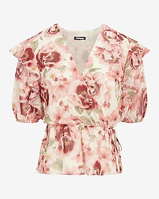 Floral Faux-Wrap Puff Sleeve Peplum Top