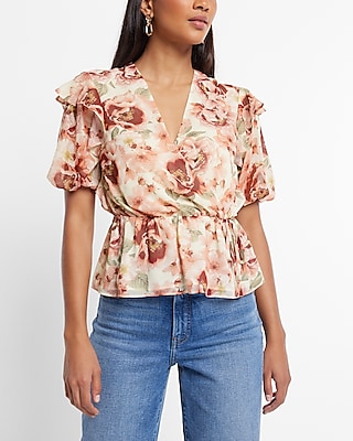 Floral Faux-Wrap Puff Sleeve Peplum Top