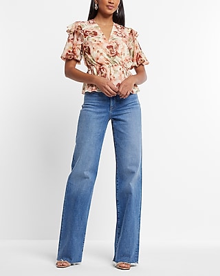 Floral Faux-Wrap Puff Sleeve Peplum Top