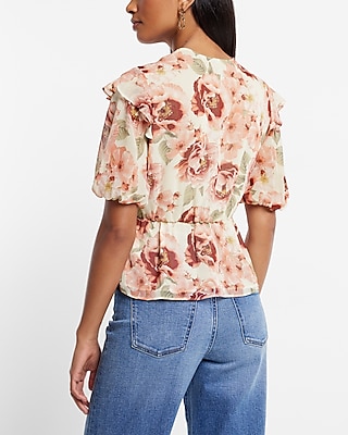 Floral Faux-Wrap Puff Sleeve Peplum Top