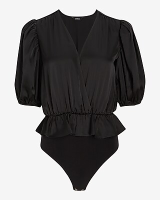 Satin Faux Wrap Peplum Thong Bodysuit
