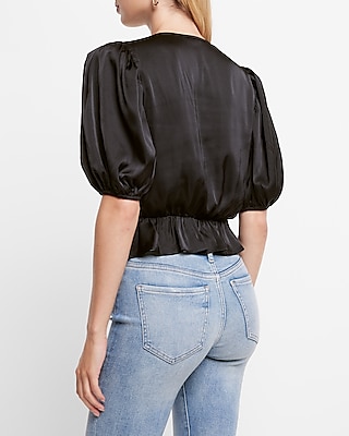 Satin Faux Wrap Peplum Thong Bodysuit