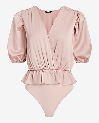 Satin Faux Wrap Peplum Thong Bodysuit