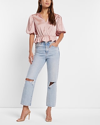 Satin Faux Wrap Peplum Thong Bodysuit