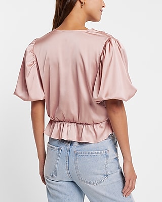 Satin Faux Wrap Peplum Thong Bodysuit