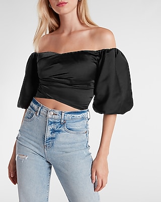 Satin Wrapped Off The Shoulder Crop Top