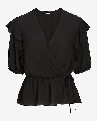 Faux Wrap Puff Sleeve Peplum Top