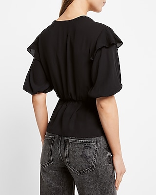 Faux Wrap Puff Sleeve Peplum Top