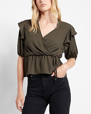 Faux Wrap Puff Sleeve Peplum Top