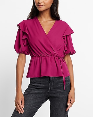 Faux Wrap Puff Sleeve Peplum Top