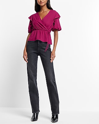 Faux Wrap Puff Sleeve Peplum Top