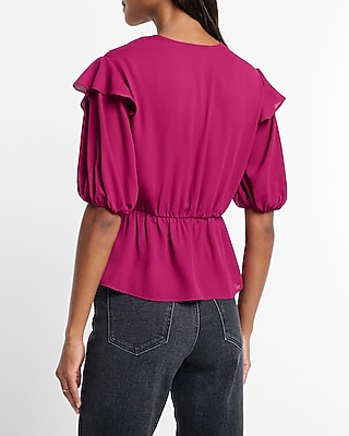 Faux Wrap Puff Sleeve Peplum Top