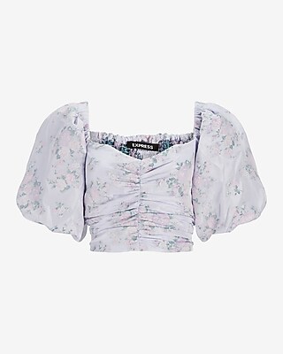 Floral Puff Sleeve Ruched Cropped Top